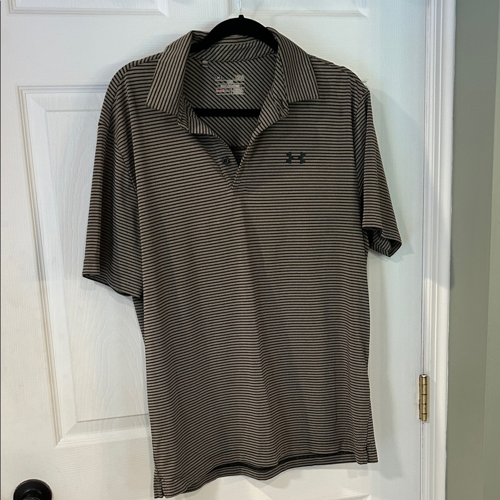 Under Armour Men's Polo Shirt - Black and Greenish/Gray Stripes